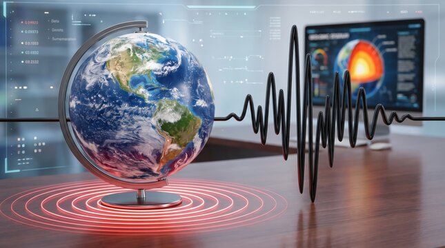 Globe on desk with red concentric circles and ECG line next to computer screen
