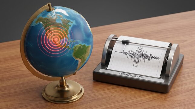 Seismic activity globe and seismograph on desk
