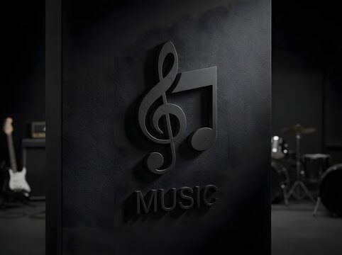 Black music icon mockup with text and studio background.