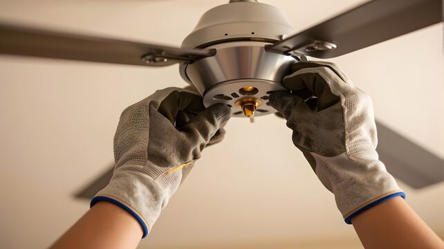 Close up of a worker wearing protective gloves while performing maintenance and installing a modern metal ceiling fan in a residential interior space