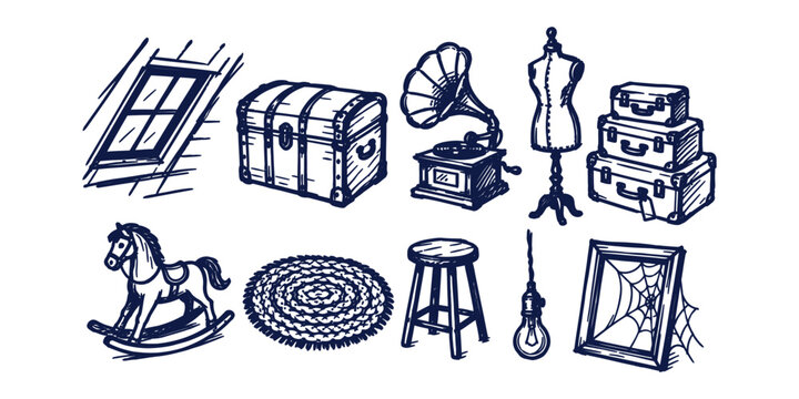 attic storage collection and vintage flea market antique furniture hidden treasure doodle icon set vector illustration