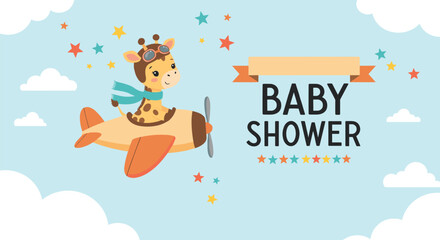 Fototapeta premium Cute little baby giraffe wearing pilot goggles and flying a toy airplane across a blue sky for a baby shower card.