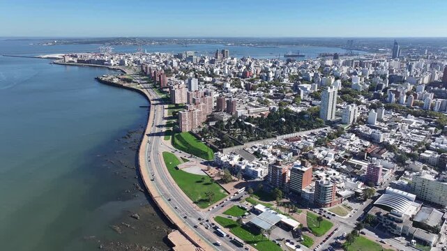 Montevideo Skyline In Montevideo Maldonado Uruguay. Modern City Center With Skyscrapers Reflecting The Urban Life. Bay Water Landscape. Seaside Beach. Montevideo Maldonado.