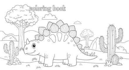Obraz premium Coloring book outline vector illustration of a stegosaurus dinosaur in a prehistoric landscape with cacti and trees.
