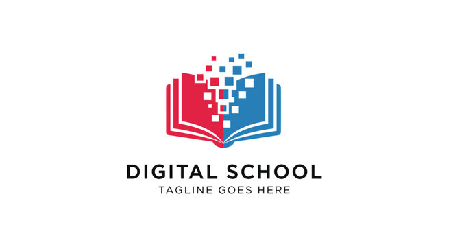 Creative digital school logo design with an open book morphing into digital pixels, representing modern e-learning and education.
