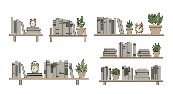 Beautiful wooden wall shelves arranged with books, potted houseplants, and retro alarm clocks for modern home decor.