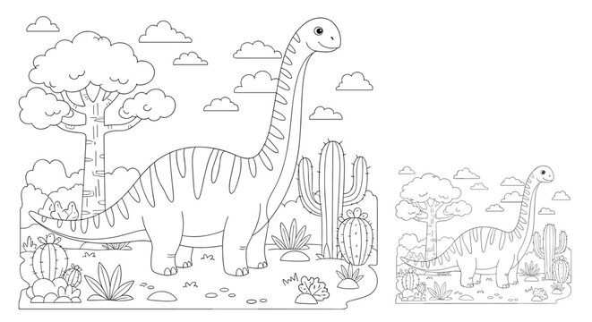 Giant diplodocus dinosaur in a jurassic prehistoric forest with tall trees and desert cacti in a creative coloring page.