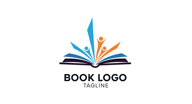 Open book logo template featuring stylized colorful human figures rising from pages symbolizing learning and growth.