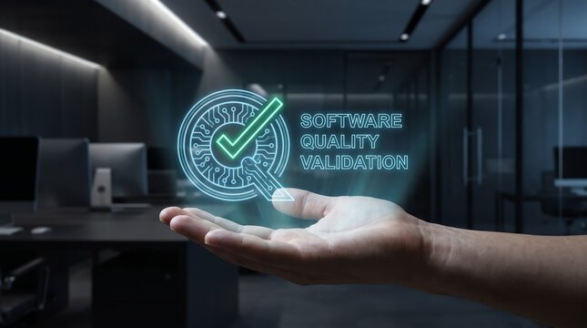 Professional businessman hand holding a digital holographic projection representing a successful software quality assurance validation process