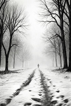 A Lonely Winter Road Through Bare Trees in a Foggy Monochrome Landscape