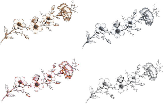 A Set of Delicate Floral Branch Illustrations with Butterflies and Botanical Line Art