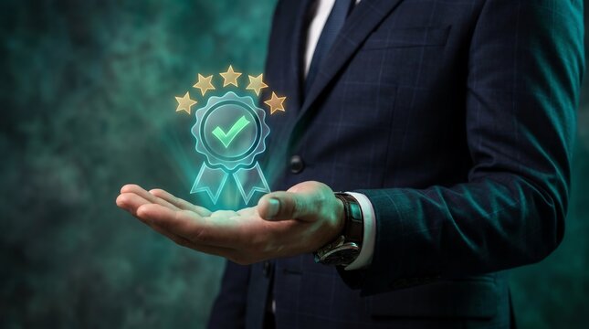 Professional Businessman Holding a Glowing Quality Assurance Seal Representing Excellence and Customer Satisfaction Standards