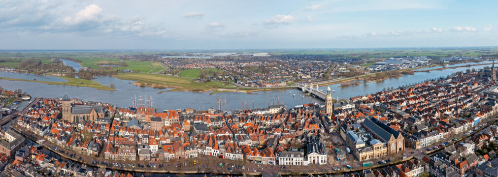 Panoramic view of a historic European river city