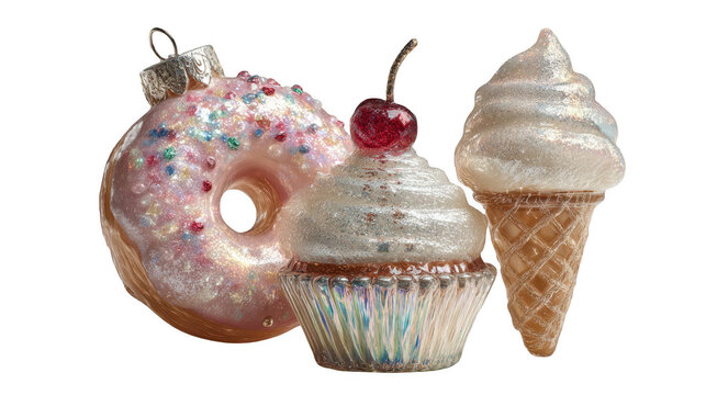 Vintage glass Christmas ornaments, glittery dessert baubles with donut and cupcake, festive holiday sweets decorations on white background