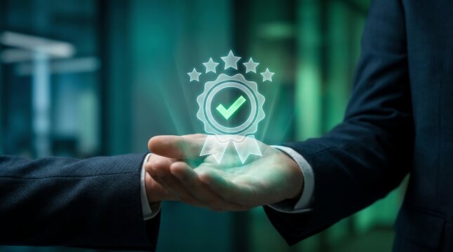 Close-up of a businessman holding a glowing virtual quality assurance guarantee icon