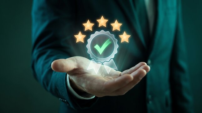 Professional Businessman Presenting a Glowing Five Star Quality Assurance Badge for Customer Excellence and Corporate Reliability