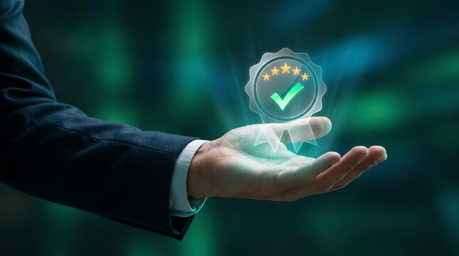 Businessman holding glowing digital certification seal with five stars and green checkmark