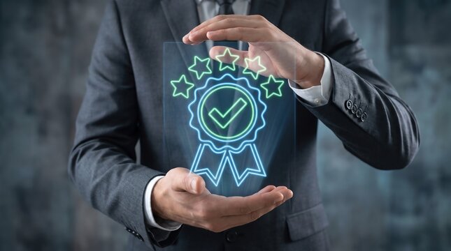 Ensuring Top Quality A Businessman's Hands Shielding a Glowing Badge of Excellence and Approval