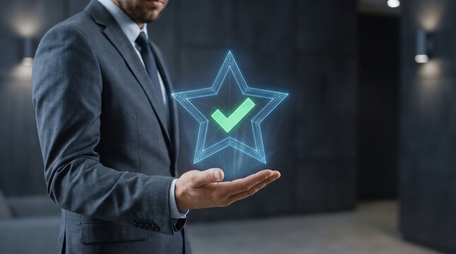 Businessman Holding a Floating Holographic Star Icon with a Checkmark Representing Quality Assurance and Success