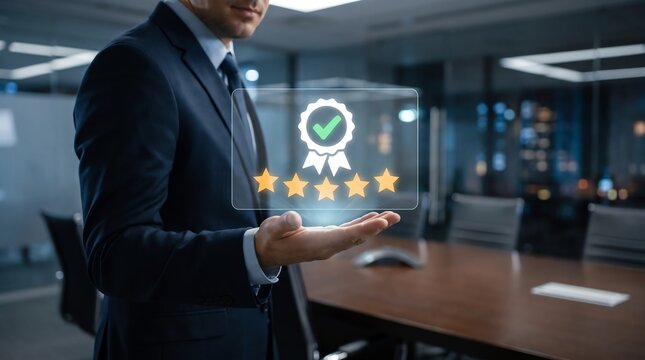 Businessman holding virtual five star rating and quality guarantee icon in office
