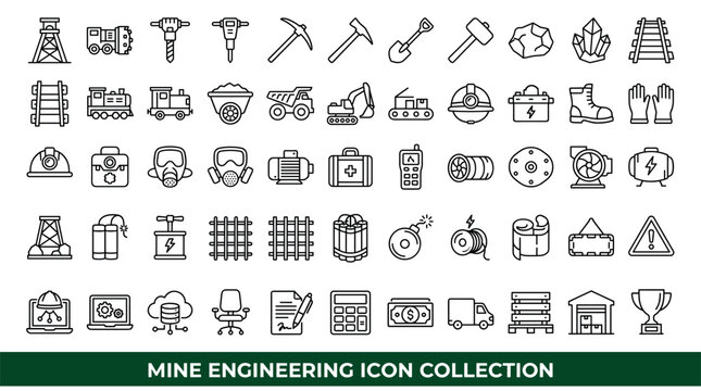 mine engineering and industrial concept icons with drill, helmet and dynamite for presentation design in flat outline style