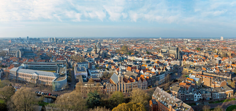 Historic canal city Leiden with prominent church tower in the Netherlands