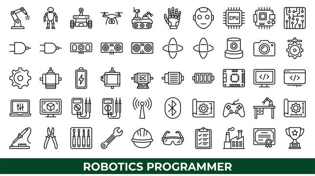 Robotics and programming vector icons with robot arm, cpu chip and wrench for tech dashboard design in minimal outline style