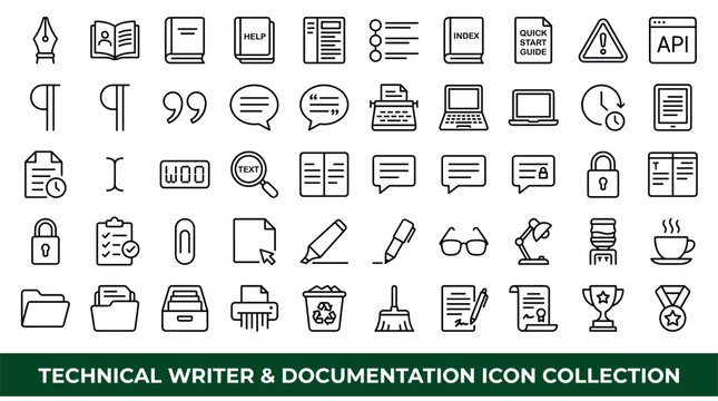Technical writing and documentation vector icons with book, laptop and clipboard for web design in minimal outline style