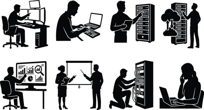IT specialists and data center engineers managing server racks cloud computing network infrastructure and data analysis silhouettes