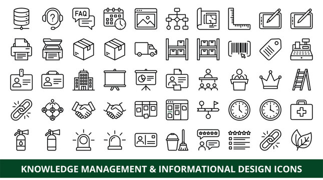 Knowledge management and informational design concept icons with database, calendar and clock for presentation use in minimal outline style