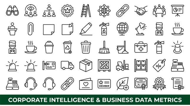 Corporate intelligence and business data concept icons with globe, handshake and trophy for presentation infographic in linear design