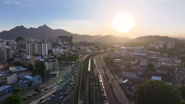 Sunset Rio De Janeiro Skyline In Rio De Janeiro Brazil. Amazing Skysrapers And Traffic On Street Viewed From Above. Sunrise Landmark Town. Downtown Cityscape. Rio de Janeiro Brazil.