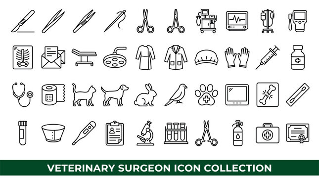 Veterinary surgeon and animal care design icons with scalpel, scissors and microscope for clinic branding in simple outline style