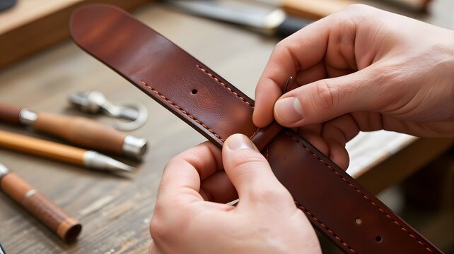 Artisan crafting a stitched leather belt in a professional workshop setting with precision tools arranged on a rustic wooden table surface nearby