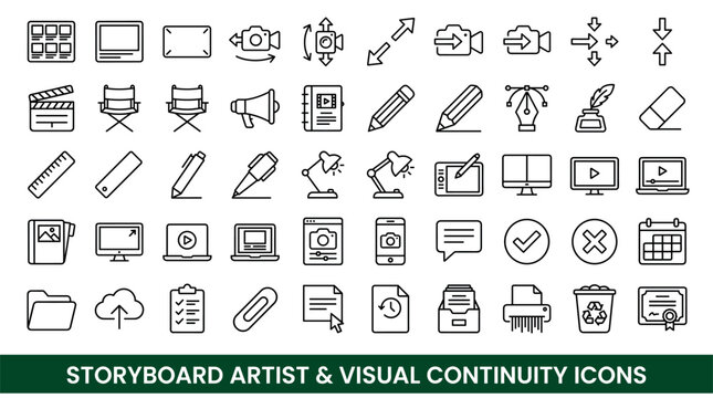 Storyboard artist and visual continuity design icons with camera, pencil and monitor for presentation design in minimal outline style