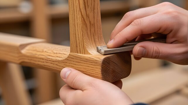 Close up of a skilled artisan manually sanding the curved wooden joint of a bespoke furniture frame to achieve a smooth with smooth surface handcrafted