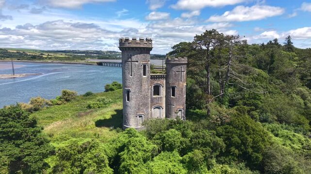 Drone Flying Over Fota Castle on the River Lee, Summer, Fota, Cork, Ireland