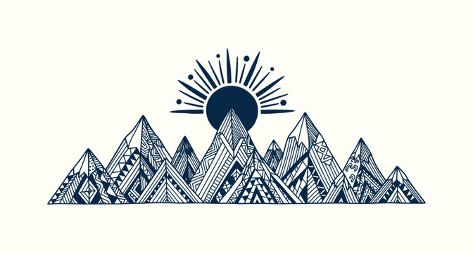 Intricate zentangle mountain range illustration with tribal patterns and rising sun vector design