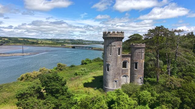 Drone Flying Over Fota Castle on the River Lee, Summer, Fota, Cork, Ireland