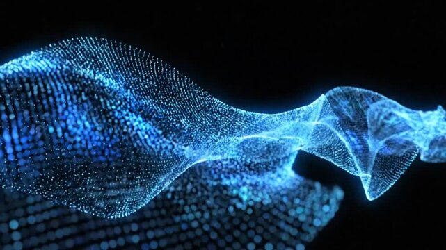 Abstract blue flowing particle wave on a black background, digital space concept with glowing dots