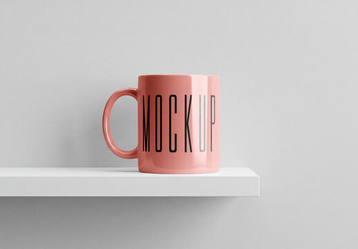 Ceramic Coffee Mug Mockup on Minimalist White Wooden Shelf