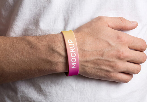Silicone Wristband Mockup on Man Hand Wrist Close Up View