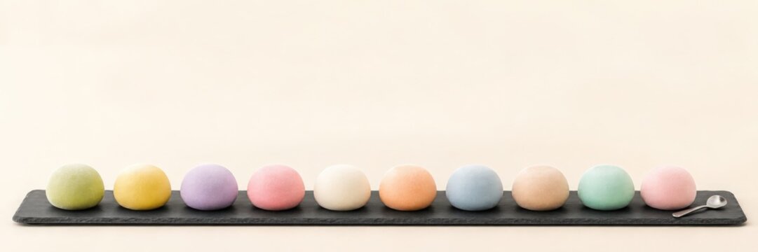 Mochi Ice Cream Assortment on Tray With Pastel Copy Space