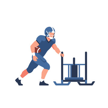 Vector illustration of a professional athlete performing a weighted training sled push exercise in a gym setting, focusing on strength, endurance, and lower body muscle conditioning.