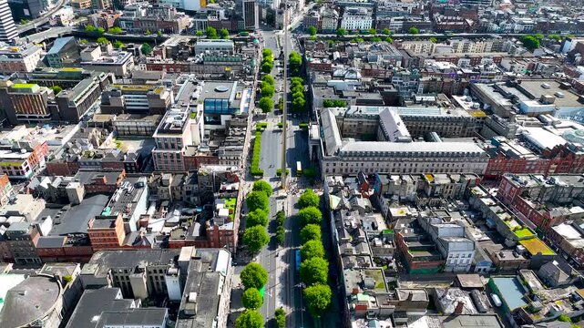 Aerial view of General Post office of Dublin on O'Connell Street, Dublin, Ireland