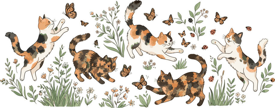 Cute Calico And Tortoiseshell Cats Playing In Flower Garden Vector Illustration Set Featuring Playful Kittens Chasing Butterflies And Ladybugs In Grass