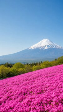Mount Fuji Above Pink Moss Phlox Field in Spring Bloom