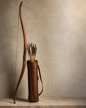 Traditional Longbow With Quiver and Arrows Copy Space