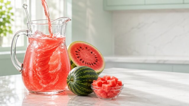 Watermelon Juice Pour in Glass Pitcher With Fresh Fruit