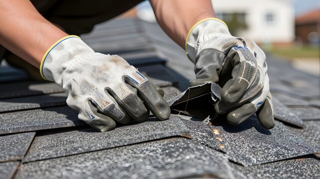 Professional roofer inspecting damaged asphalt shingles on a residential roof to assess maintenance needs for structural integrity with carefully inspecting lifting